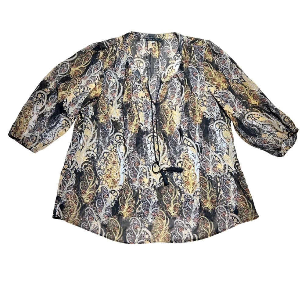 Rose & Olive Womens 2X Paisley Tassel Tie Blouse Sheer Boho Top Mustard Black